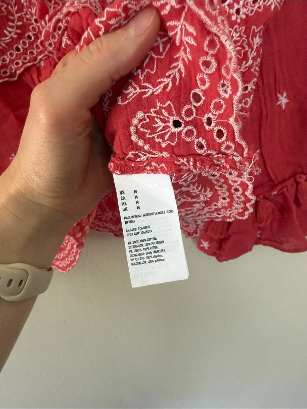 American Eagle Outfitters Red Embroidered Peasant Top medium - Picture 5 of 6